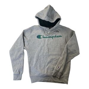 Champion Men’s athletic Hoodie sweatshirt Grey small turquoise/green front logo